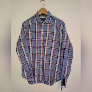 Bugatti Light Blue Plaid Button-Down Shirt with Multicolor Stripes